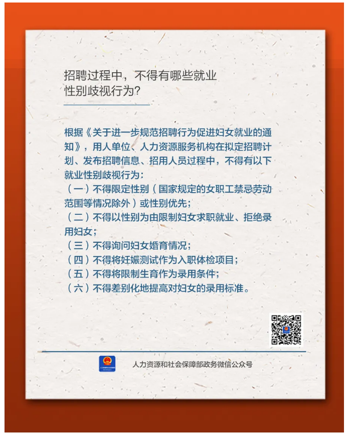 【人社日課&middot;11月14日】招聘過(guò)程中，不得有哪些就業(yè)性別歧視行為？.png